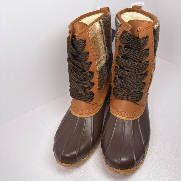 LANDS' END Brown Plaid Faux Fur Duck Boots | 8 - Picture 2 of 4